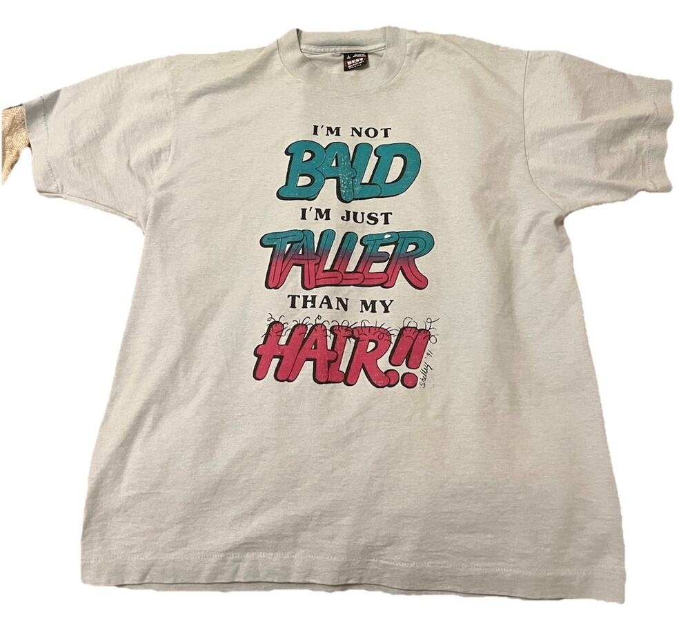 VTG T-shirt 80-90s Single Stitch Not Bald Funny Humor Graphic Light Blue L